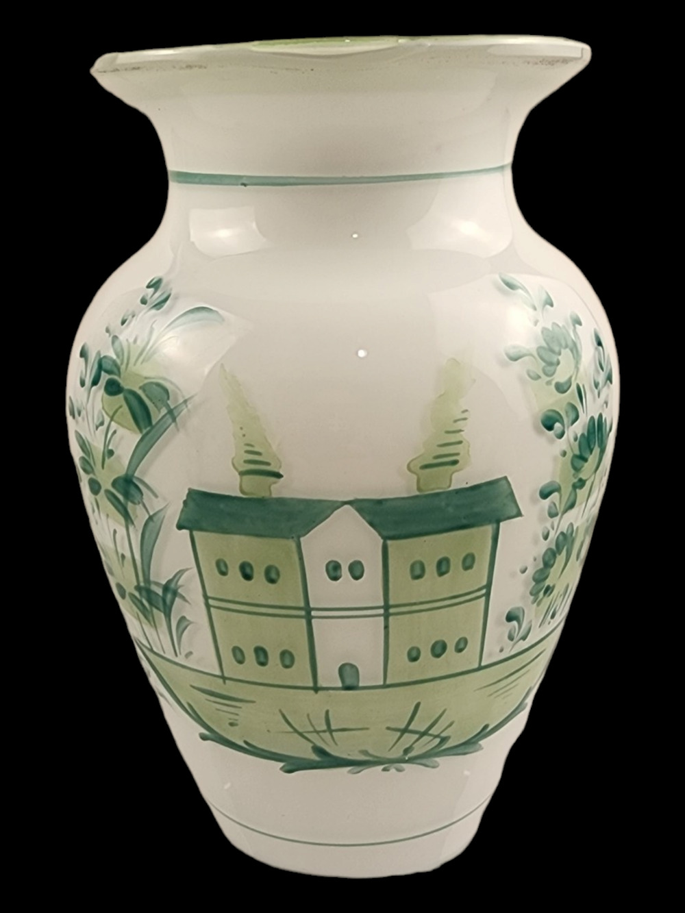 VTG European Art Glass Hand/Blown/Painted Vase White Green Motifs Design Cottage